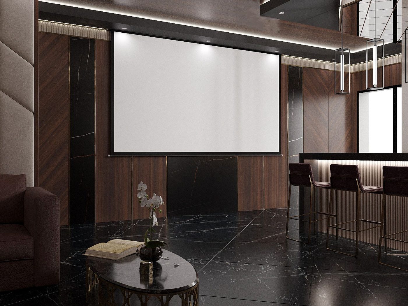 Lounge with retractable screen and bar at Wingline House by Eurohouse Studio