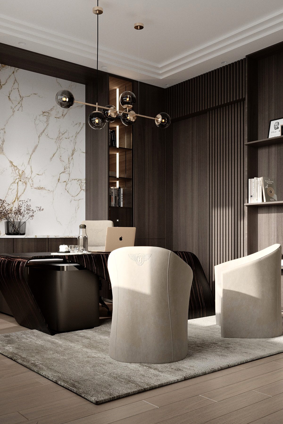 Private office with macassar ebony desk and calacatta marble wall at Wingline House by Eurohouse Studio